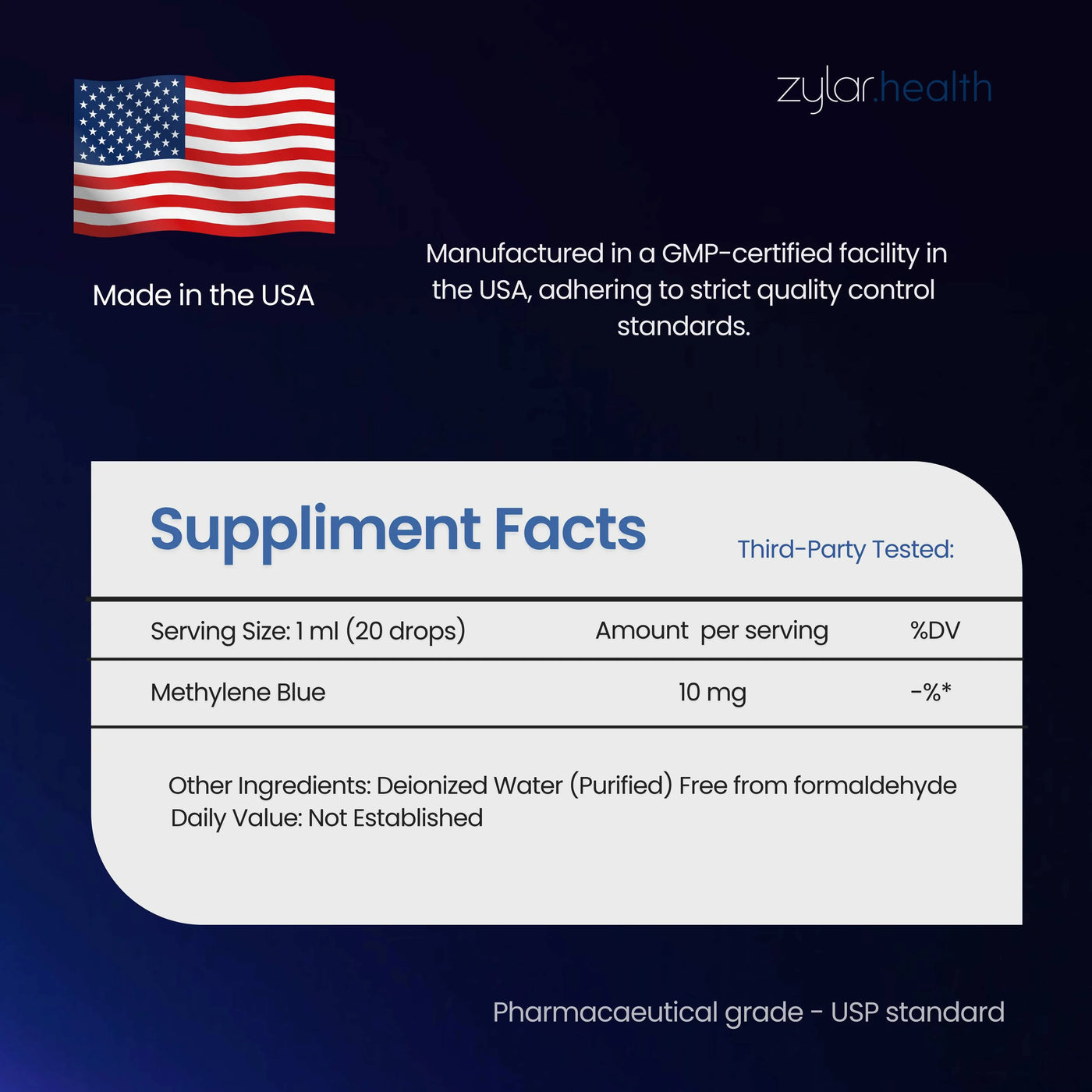 Zylar Methylene Blue 1% Drops- USP Pharmaceutical Grade (2Oz)
